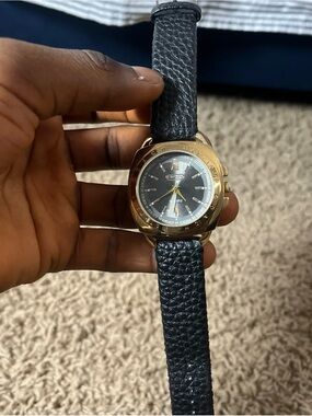 Coach Gold-Tone Case Watch with Black Dial and Black Leather Strap